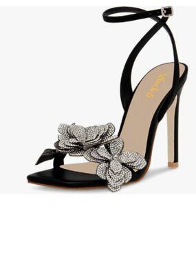 miss left Black Stiletto Heel Sandals with Strap Buckle Flower Embellished Shoes